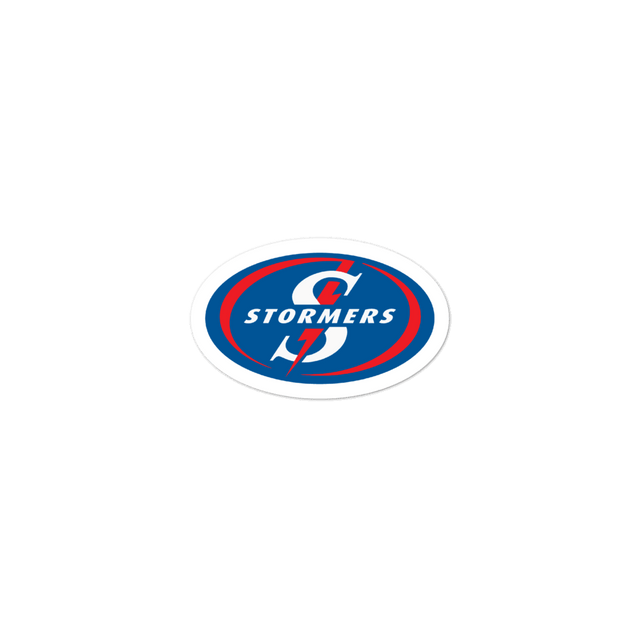 A blue and red logo with the words Stormers Stickers on it by PF.