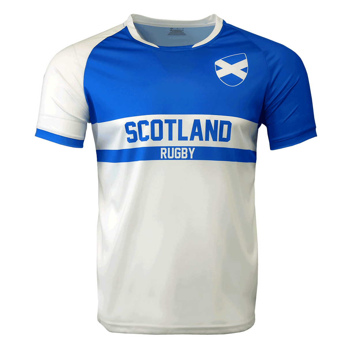Scotland rugby nation jersey in blue and white with the scotland flag crest on the shoulder