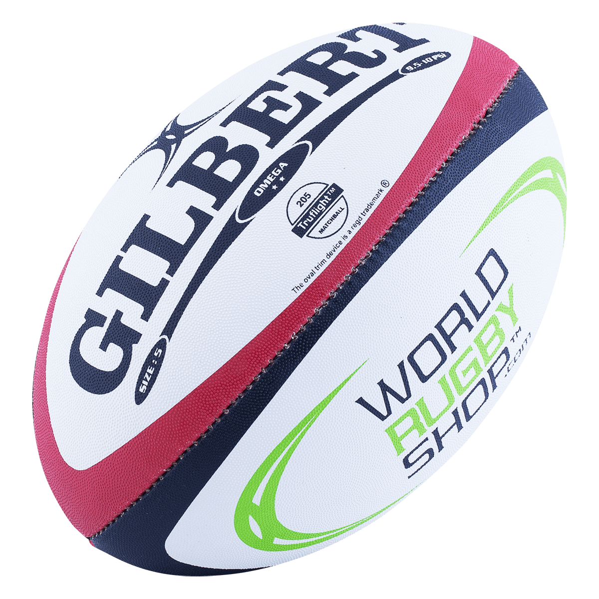 WorldRugbyShop Omega Match Rugby ball by gilbert in navy blue maroon white and green