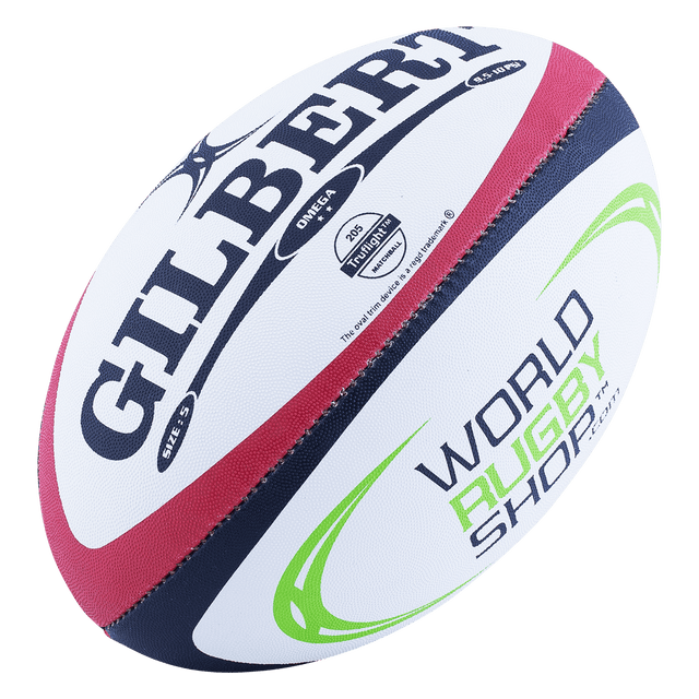 WorldRugbyShop Omega Match Rugby ball by gilbert in navy blue maroon white and green