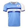 Light blue and white round neck short sleeve jersey with Argentina flag on the upper left chest. Argentina centered in between two dark blue lines with Rugby in white in the lower blue line.
