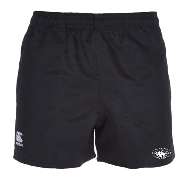 Palm Beach Panthers Rugby Canterbury Black Advantage Rugby Shorts with a white logo on the side.