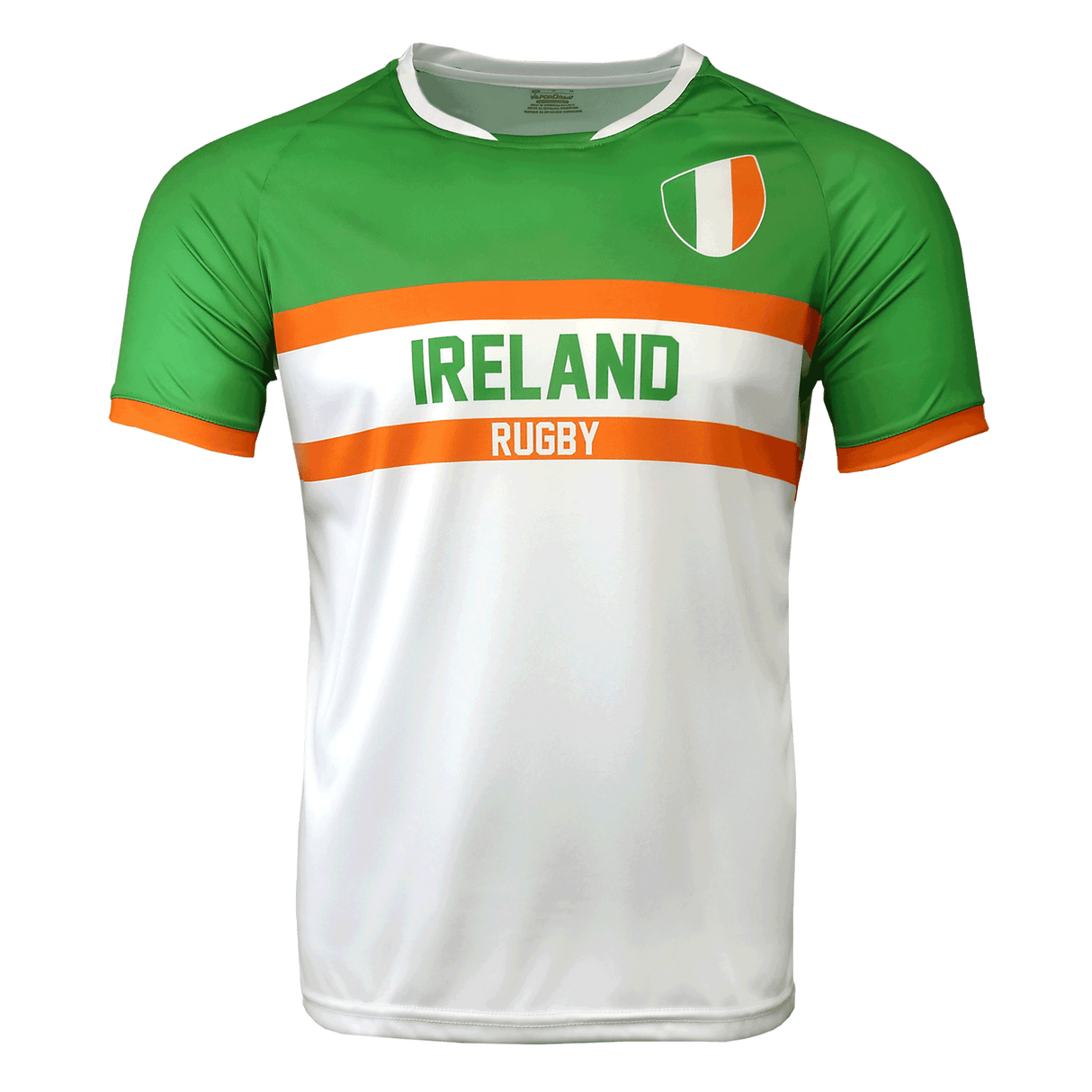 Ireland rugby nation jersey in green, orange and white with the ireland flag crest on the upper left hand side chest
