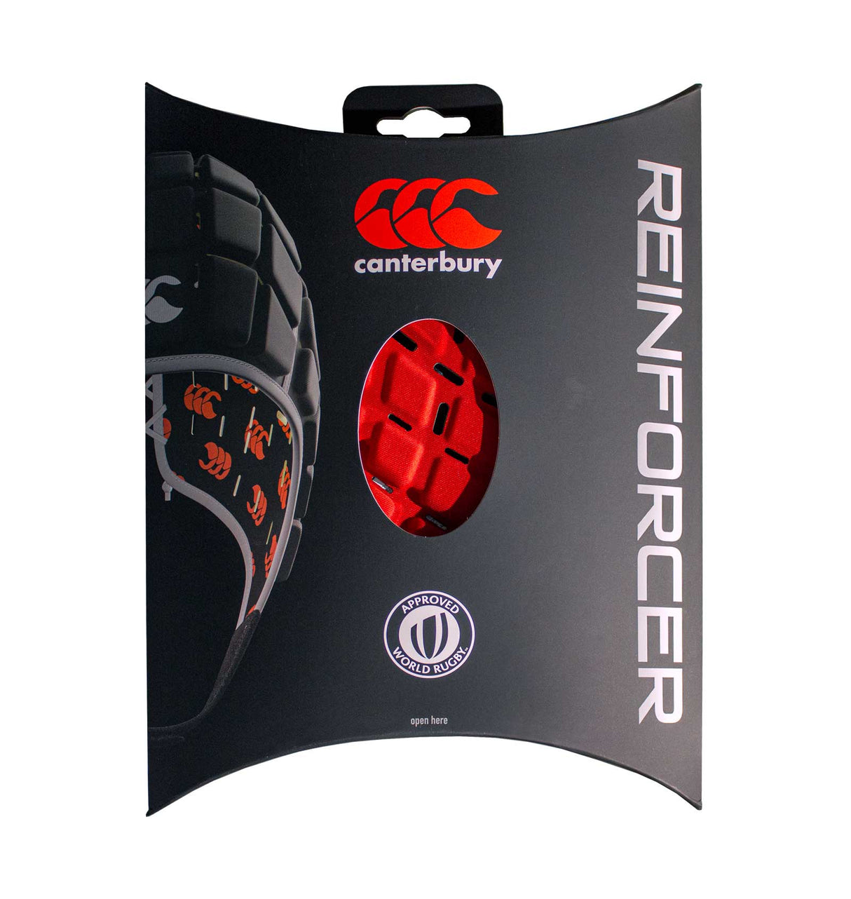The packaging for the Canterbury Reinforcer Rugby Headgear Scrum Cap features an oval cutout that displays the brand logo and product, with visible Wendition for World Rugby approval. The box is black with red and white accents, aligning with the World Rugby Specification for rugby headgear.