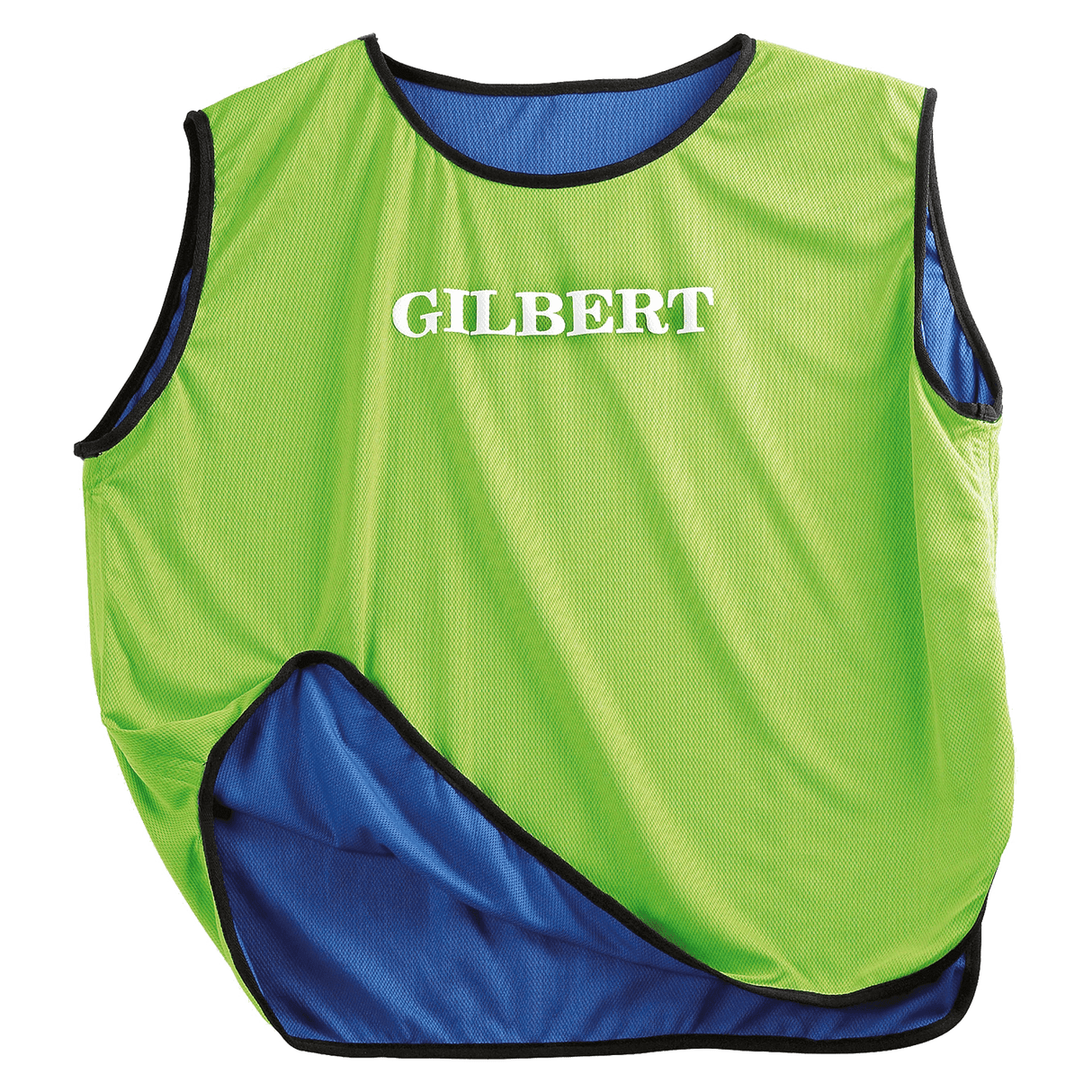 A neon green Gilbert reversible rugby bib with the word GILBERT printed on it.