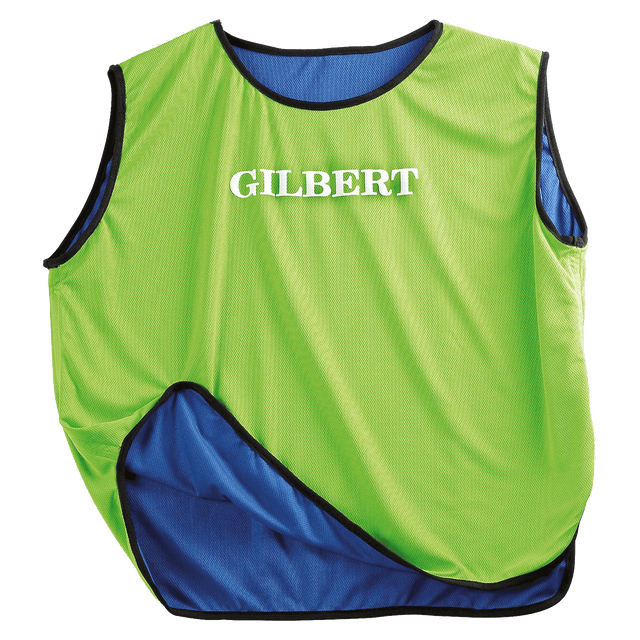 A neon green Gilbert reversible rugby bib with the word GILBERT printed on it.