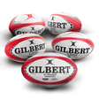 Red G-TR4000 Training Rugby Ball by Gilbert set of 5 bundle with red details on a white ball with black lettering and logos