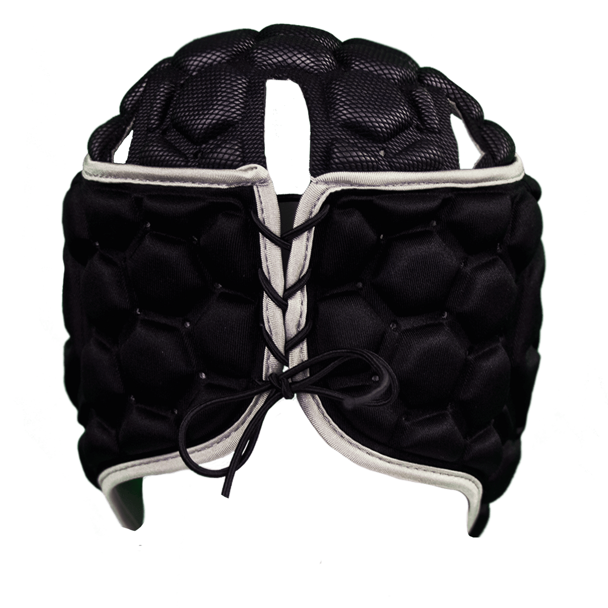 The XP 250 Rugby Headguard by Gilbert is a black padded sports accessory featuring hex padding and white trim, complete with a lace-up closure at the front. Ideal for anyone in need of a reliable rugby headguard that offers enhanced protection in every match.