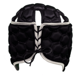The XP 250 Rugby Headguard by Gilbert is a black padded sports accessory featuring hex padding and white trim, complete with a lace-up closure at the front. Ideal for anyone in need of a reliable rugby headguard that offers enhanced protection in every match.