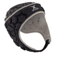 Gilbert XP 250 Rugby Headguard in black and gray, featuring an adjustable chin strap and hexagonal pattern for enhanced protection.