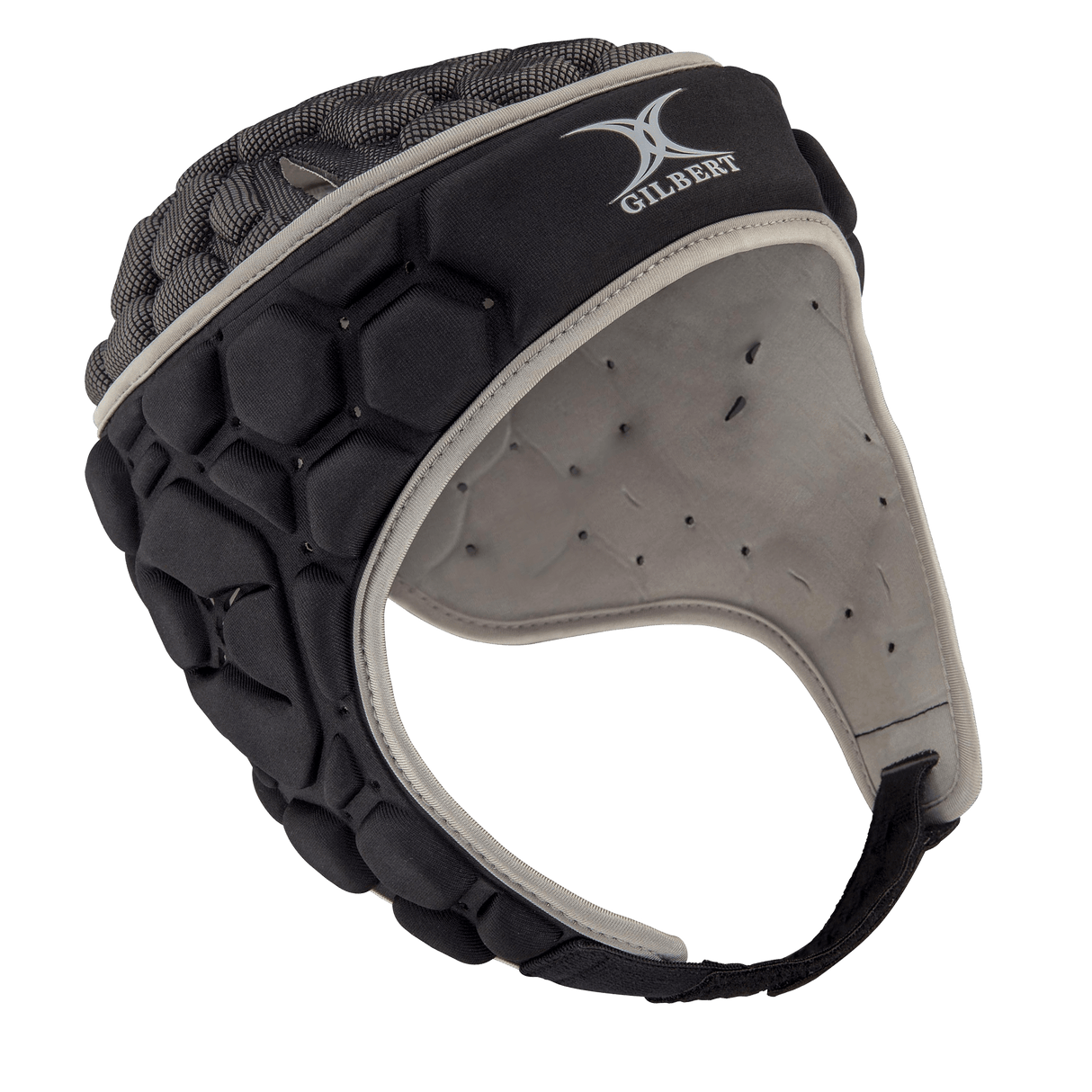 Gilbert XP 250 Rugby Headguard in black and gray, featuring an adjustable chin strap and hexagonal pattern for enhanced protection.