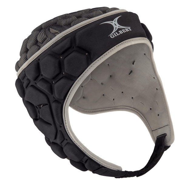 Gilbert XP 250 Rugby Headguard in black and gray, featuring an adjustable chin strap and hexagonal pattern for enhanced protection.