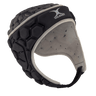 Gilbert XP 250 Rugby Headguard in black and gray, featuring an adjustable chin strap and hexagonal pattern for enhanced protection.