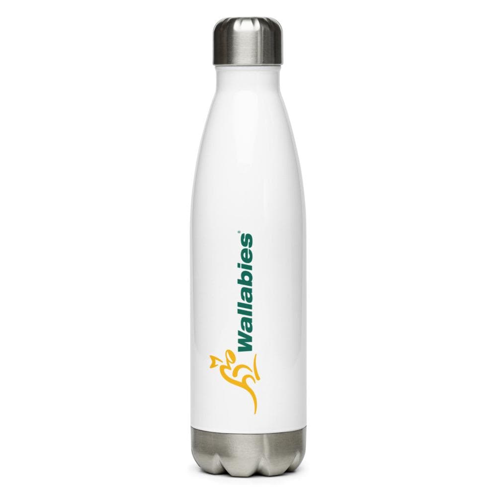 The Wallabies Stainless Steel Water Bottle by PF LIC is a white insulated stainless steel bottle with a silver cap, featuring a vibrant yellow kangaroo logo and the word "Wallabies" in green text—an ideal choice for Rugby Australia fans.