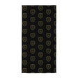 A Rugby Hive Towel with a pattern of shields in black and gold.