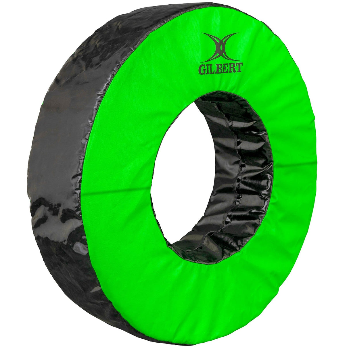 A Gilbert 40" Green Rugby Tackle Ring on a white background.