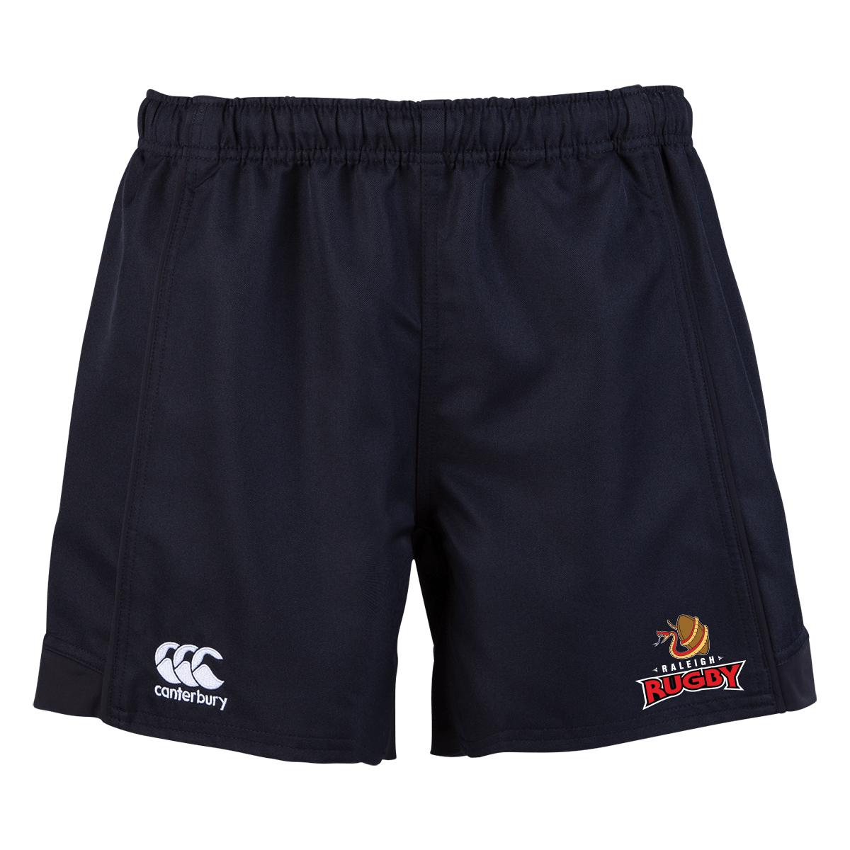 Raleigh Rugby Club Canterbury Women's Black Advantage Rugby Shorts with the words rugby on it.