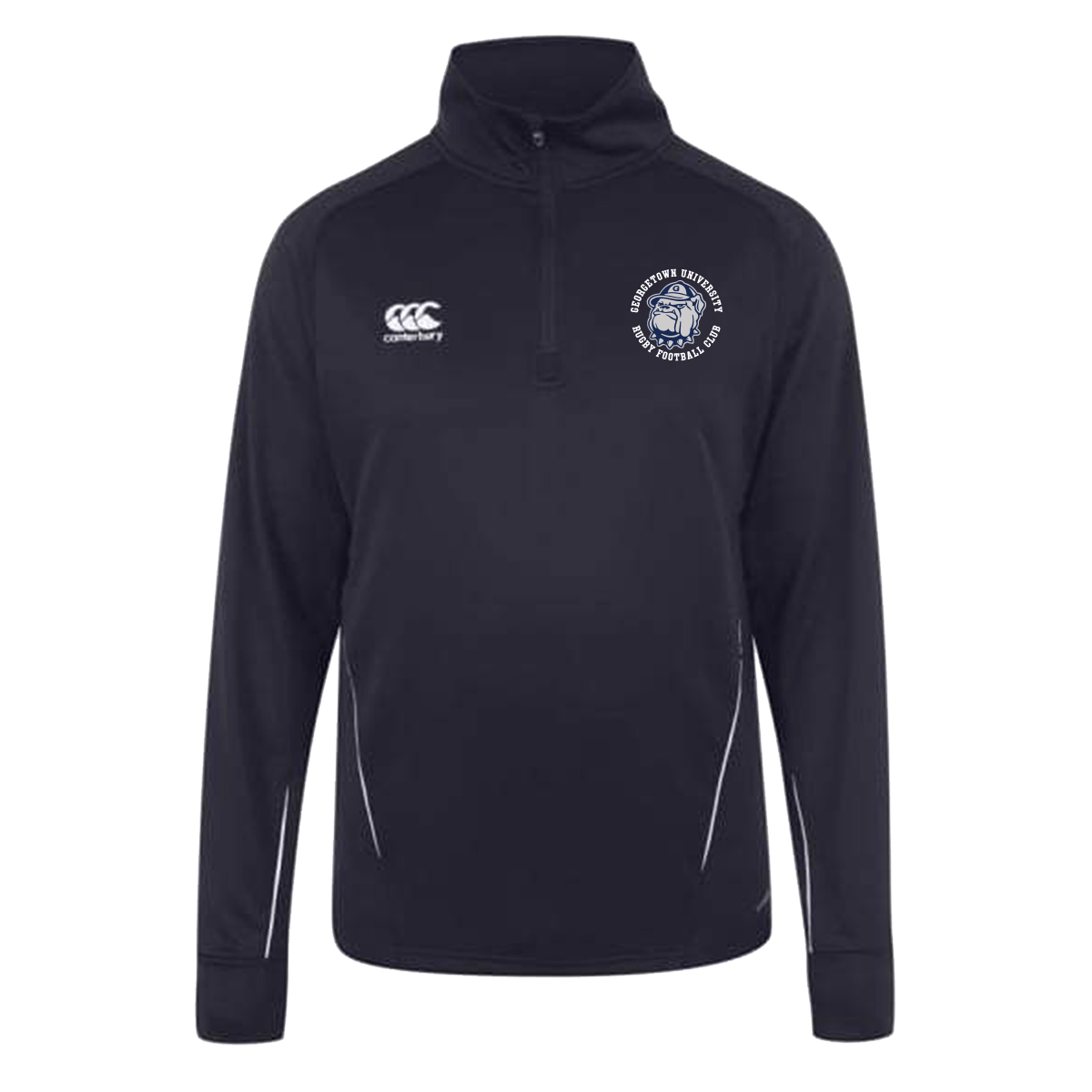 A Georgetown University RFC Canterbury Team 1/4 Zip Mid Layer Rugby Training Top with a white and blue crest on the chest.