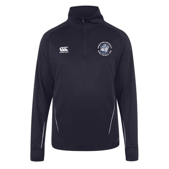 A Georgetown University RFC Canterbury Team 1/4 Zip Mid Layer Rugby Training Top with a white and blue crest on the chest.