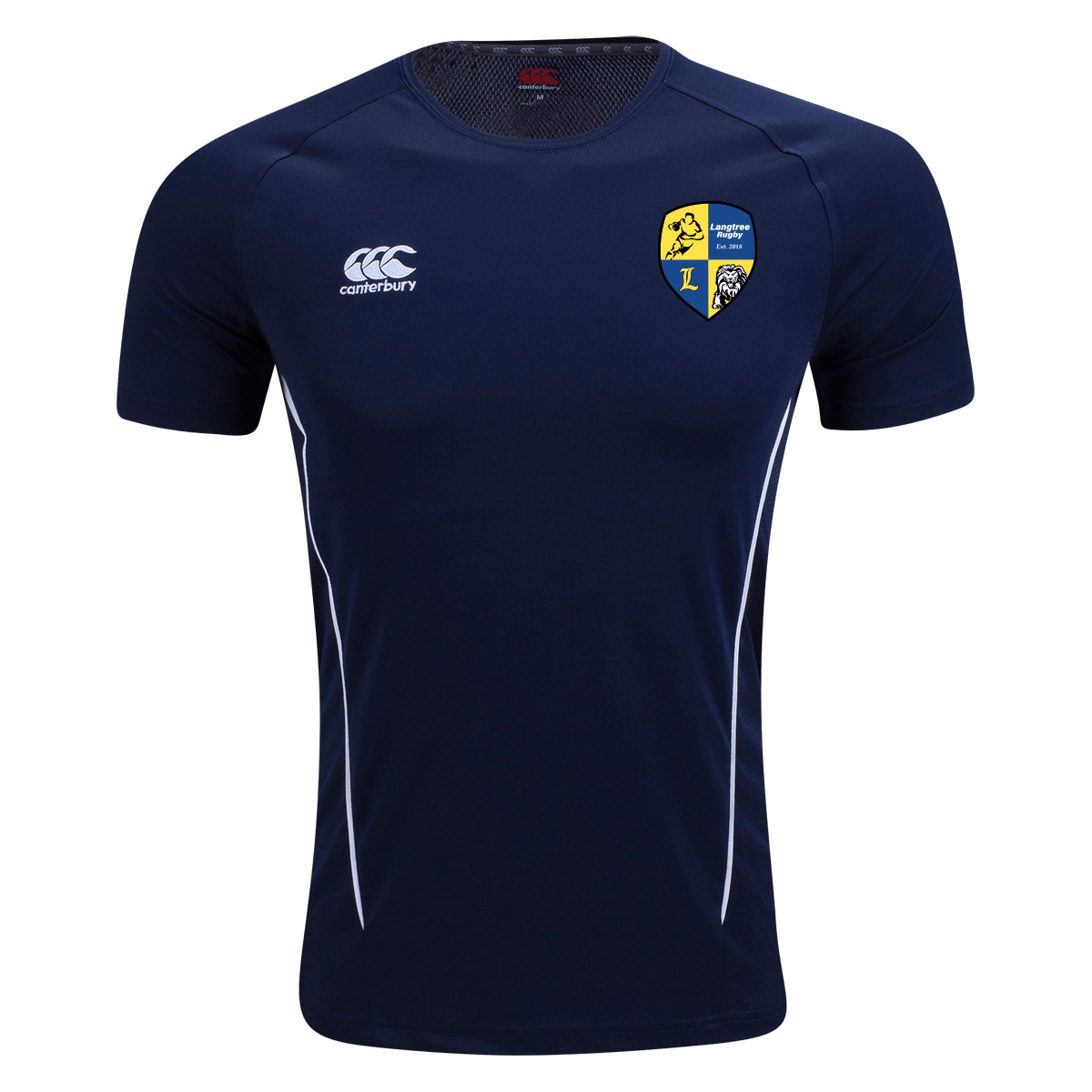 A Langtree Rugby Club Canterbury Team Navy Dry Rugby T-Shirt with a yellow and white stripe on the chest.
