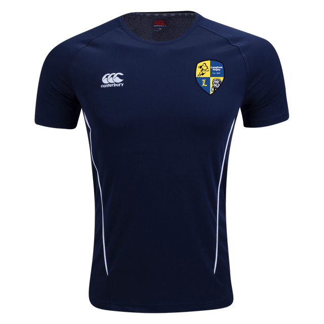 A Langtree Rugby Club Canterbury Team Navy Dry Rugby T-Shirt with a yellow and white stripe on the chest.