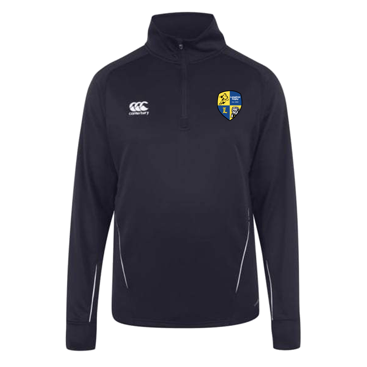 A Langtree Rugby Club Canterbury Team 1/4 Zip Mid Layer Navy Rugby Training Top with a rugby badge on the chest.