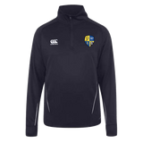 A Langtree Rugby Club Canterbury Team 1/4 Zip Mid Layer Navy Rugby Training Top with a rugby badge on the chest.