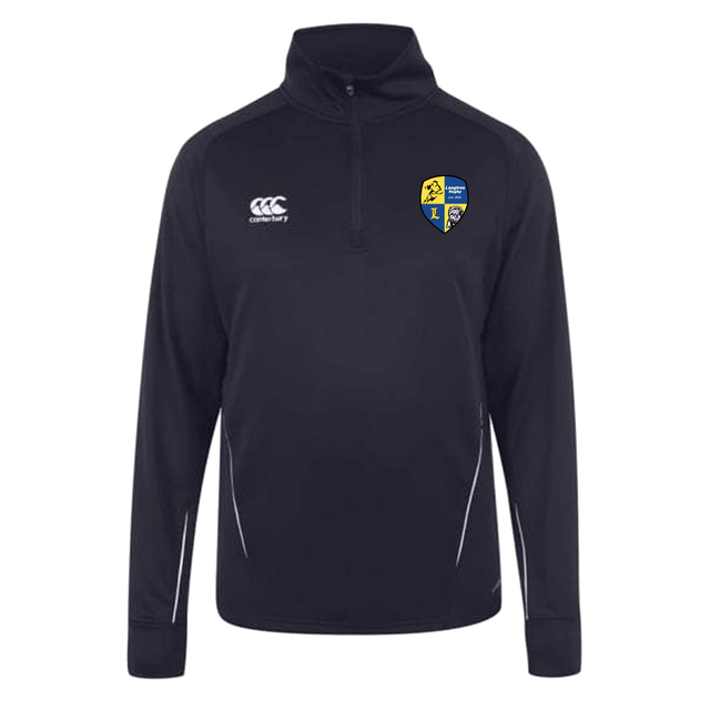 A Langtree Rugby Club Canterbury Team 1/4 Zip Mid Layer Navy Rugby Training Top with a rugby badge on the chest.