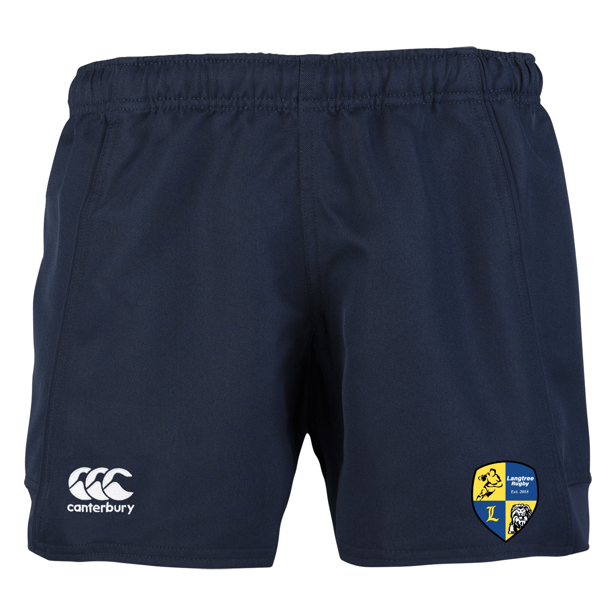 Langtree Rugby Club Canterbury Navy Advantage Rugby Shorts with a white and yellow crest on the side.
