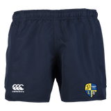 Langtree Rugby Club Canterbury Navy Advantage Rugby Shorts with a white and yellow crest on the side.