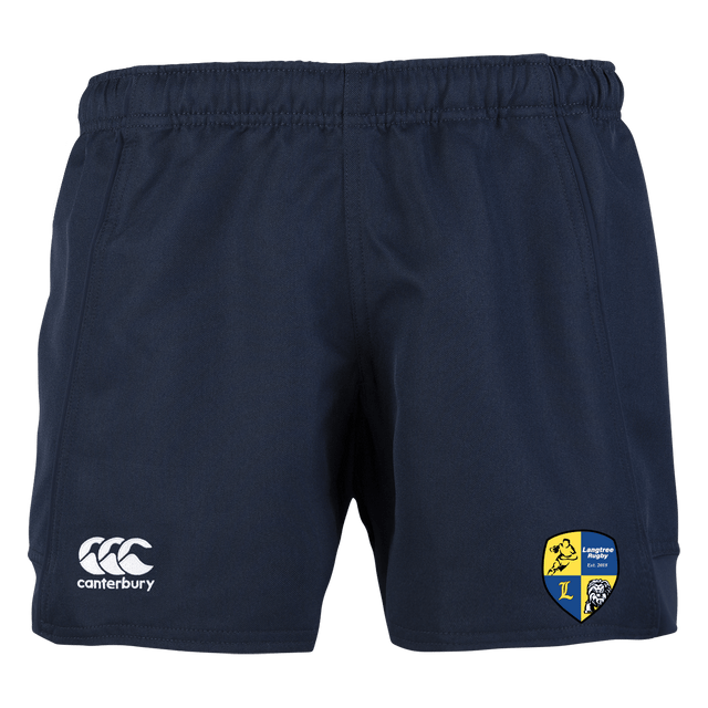 Langtree Rugby Club Canterbury Navy Advantage Rugby Shorts with a white and yellow crest on the side.