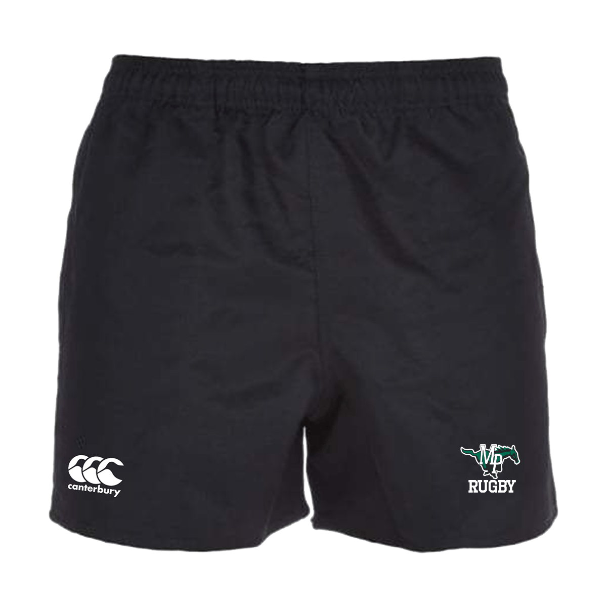 Myers Park Rugby Canterbury Black Professional Polyester Pocketed Rugby Shorts with the words rugby on it.