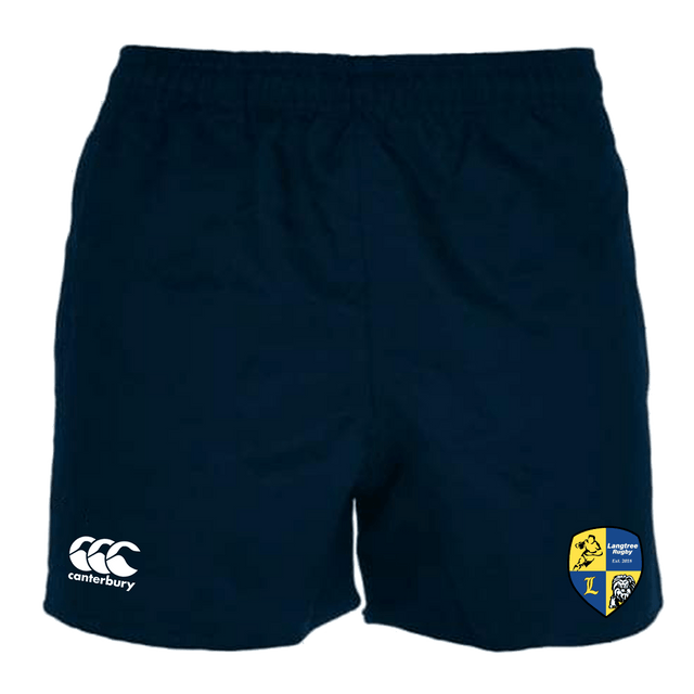 A Langtree Rugby Club Canterbury Navy Professional Polyester Pocketed Rugby Shorts with a Langtree Rugby Club badge on the side.