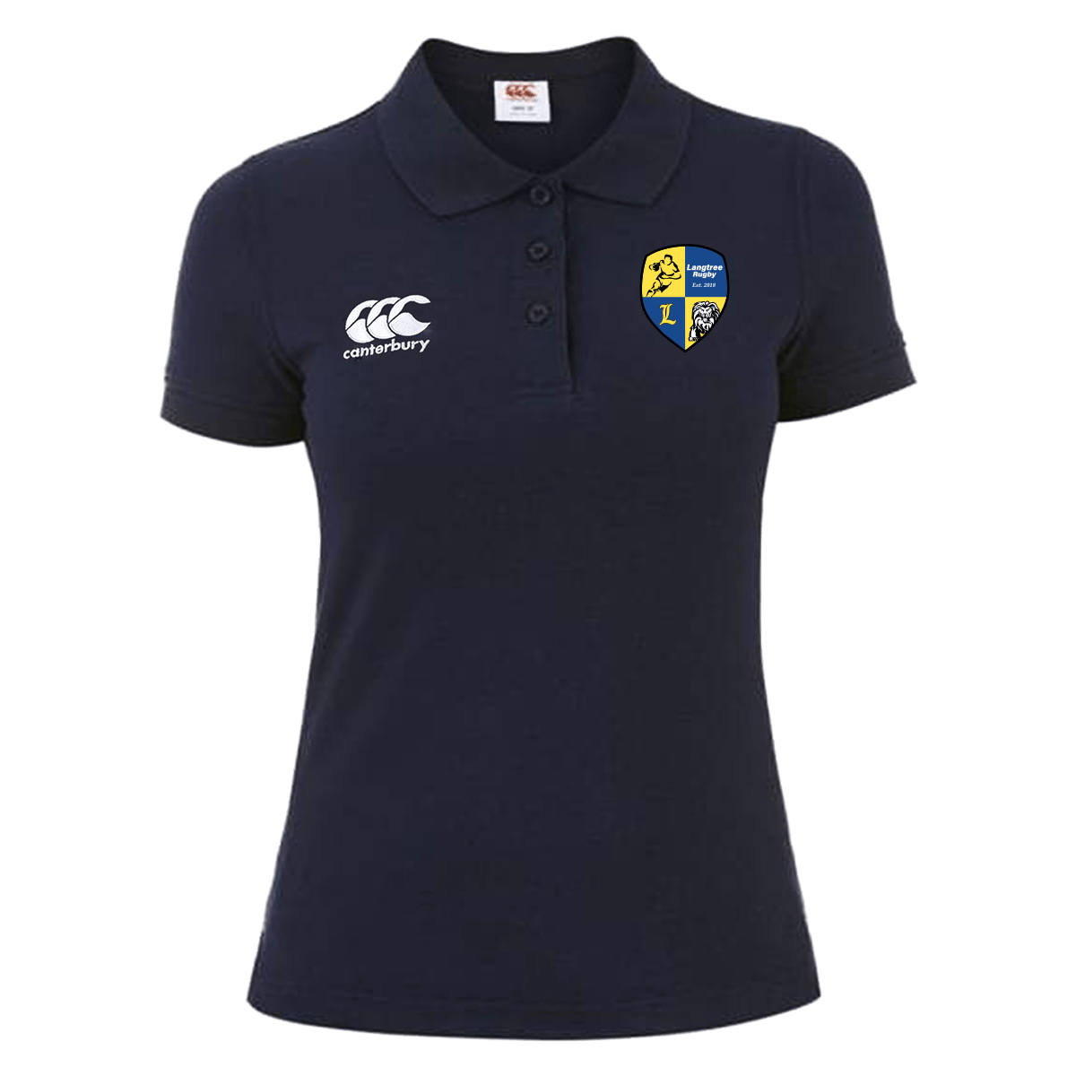 Langtree Rugby Club Canterbury Women's Navy Waimak Rugby Polo with a rugby badge on the chest.