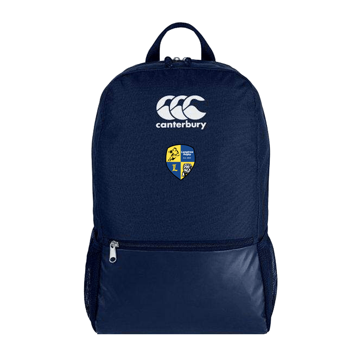 A Langtree Rugby Club Canterbury Medium Navy Rugby Backpack with a white and blue logo on it.