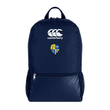 A Langtree Rugby Club Canterbury Medium Navy Rugby Backpack with a white and blue logo on it.