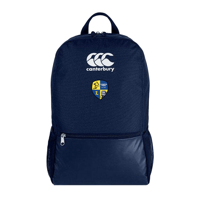 A Langtree Rugby Club Canterbury Medium Navy Rugby Backpack with a white and blue logo on it.