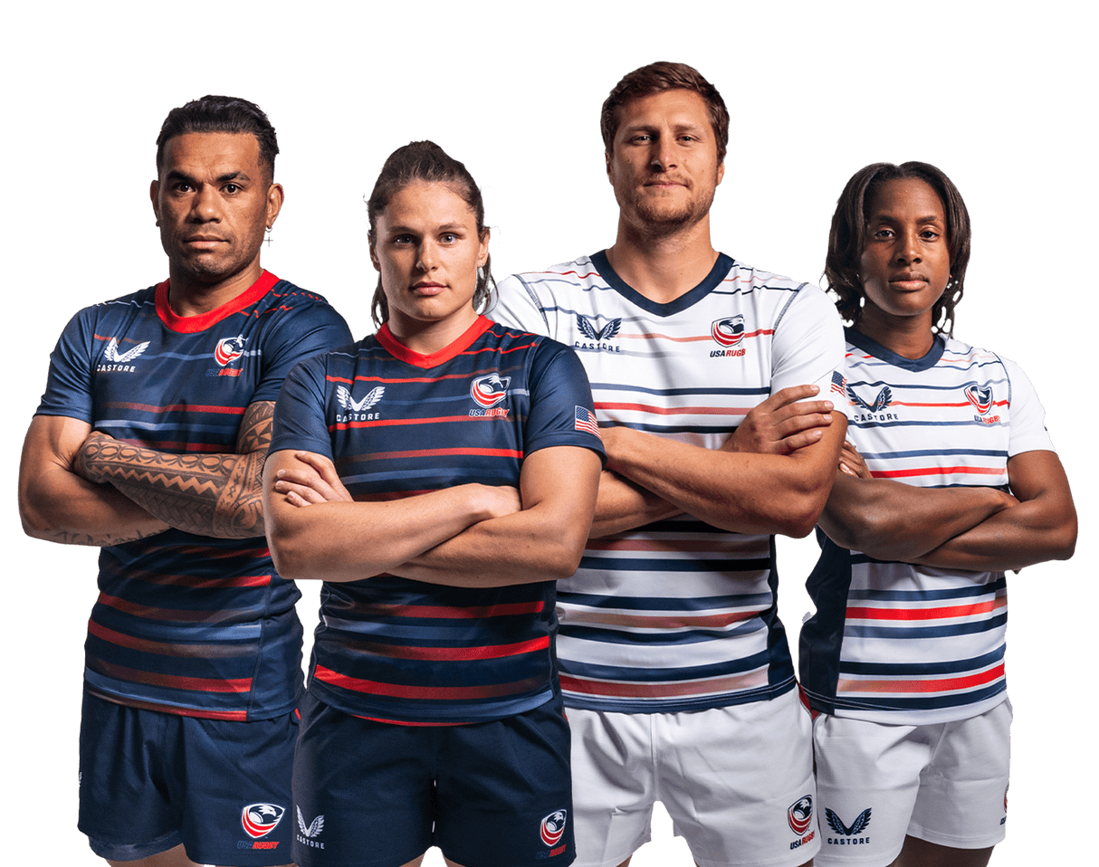 Four USA Rugby players modeling the new 2022/23 jerseys in white (home) and navy blue (away)