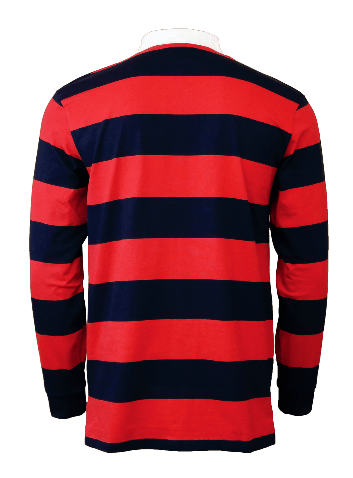 The SDS USA Rugby Red/Navy Hooped Classic Jersey is a long-sleeve rugby shirt with bold horizontal red and navy stripes, shown here from the back.