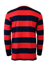 The SDS USA Rugby Red/Navy Hooped Classic Jersey is a long-sleeve rugby shirt with bold horizontal red and navy stripes, shown here from the back.