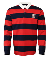 The SDS USA Rugby Red/Navy Hooped Classic Jersey is a long-sleeve rugby shirt with bold red and navy stripes, a white collar, and a left chest embroidered logo that channels vintage USA Rugby style.