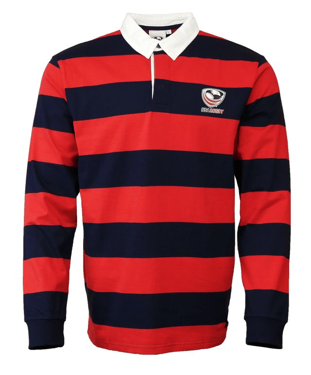The SDS USA Rugby Red/Navy Hooped Classic Jersey is a long-sleeve rugby shirt with bold red and navy stripes, a white collar, and a left chest embroidered logo that channels vintage USA Rugby style.