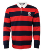 The SDS USA Rugby Red/Navy Hooped Classic Jersey is a long-sleeve rugby shirt with bold red and navy stripes, a white collar, and a left chest embroidered logo that channels vintage USA Rugby style.
