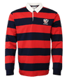 The SDS USA Rugby Red/Navy Hooped Classic Jersey is a long-sleeve rugby shirt with bold red and navy stripes, a white collar, and a left chest embroidered logo that channels vintage USA Rugby style.