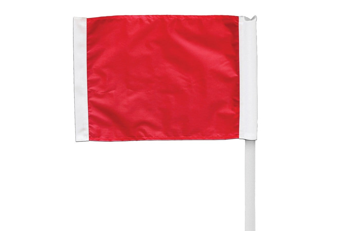 A plain red Kwik Goal Premier Corner Flag with a white border, mounted on a vertical pole, against a white background.