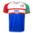 Round neck short sleeve jersey. Red right sleeve band in red, green left sleeve band in red, white chest with two red stripes and Italy in the middle. Rugby underneath Italy in the red line. Blue lower half and Italian flag on chest. sri