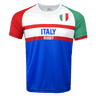 Round neck short sleeve jersey. Red right sleeve band in red, green left sleeve band in red, white chest with two red stripes and Italy in the middle. Rugby underneath Italy in the red line. Blue lower half and Italian flag on chest. sri