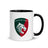 White ceramic mug with black handle and interior and a green, red and white Leicester Tigers logo.