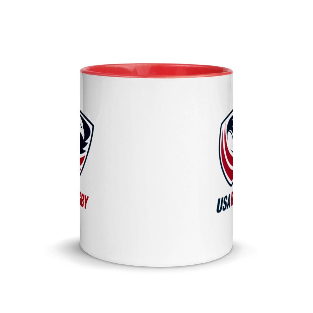 A white and red USA Rugby Ceramic Mug with a red bottom.