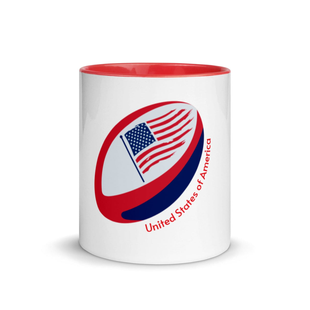 White ceramic mug with red interior, a red, white and blue rugby ball featuring an American flag, and 'United States of America' inscription
